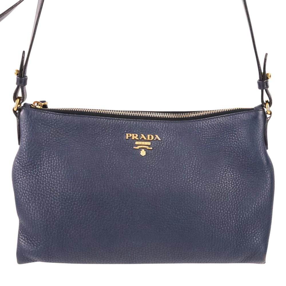 Prada Vitello Daino Leather Shoulder Bag Striped Strap Included Navy