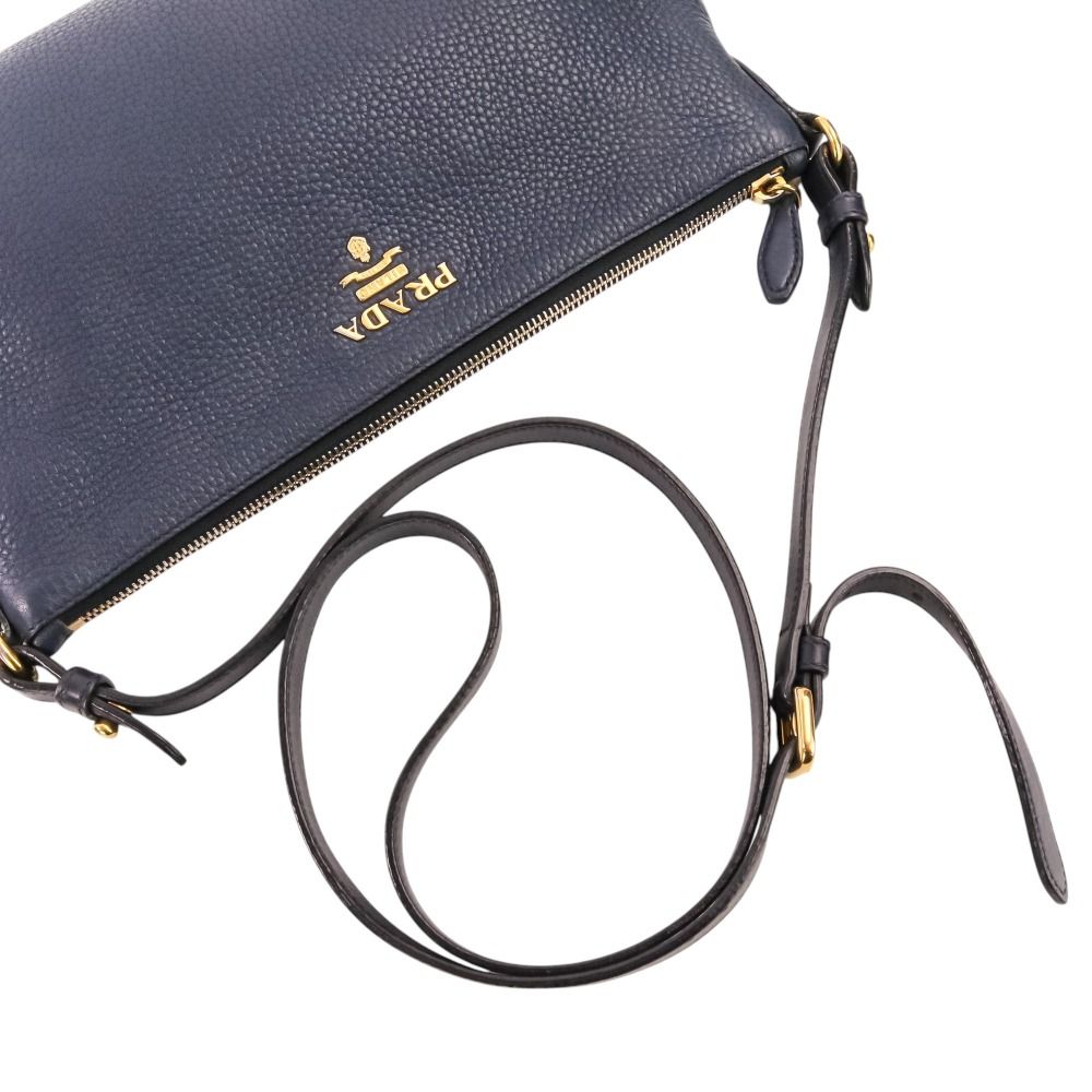 Prada Vitello Daino Leather Shoulder Bag Striped Strap Included Navy