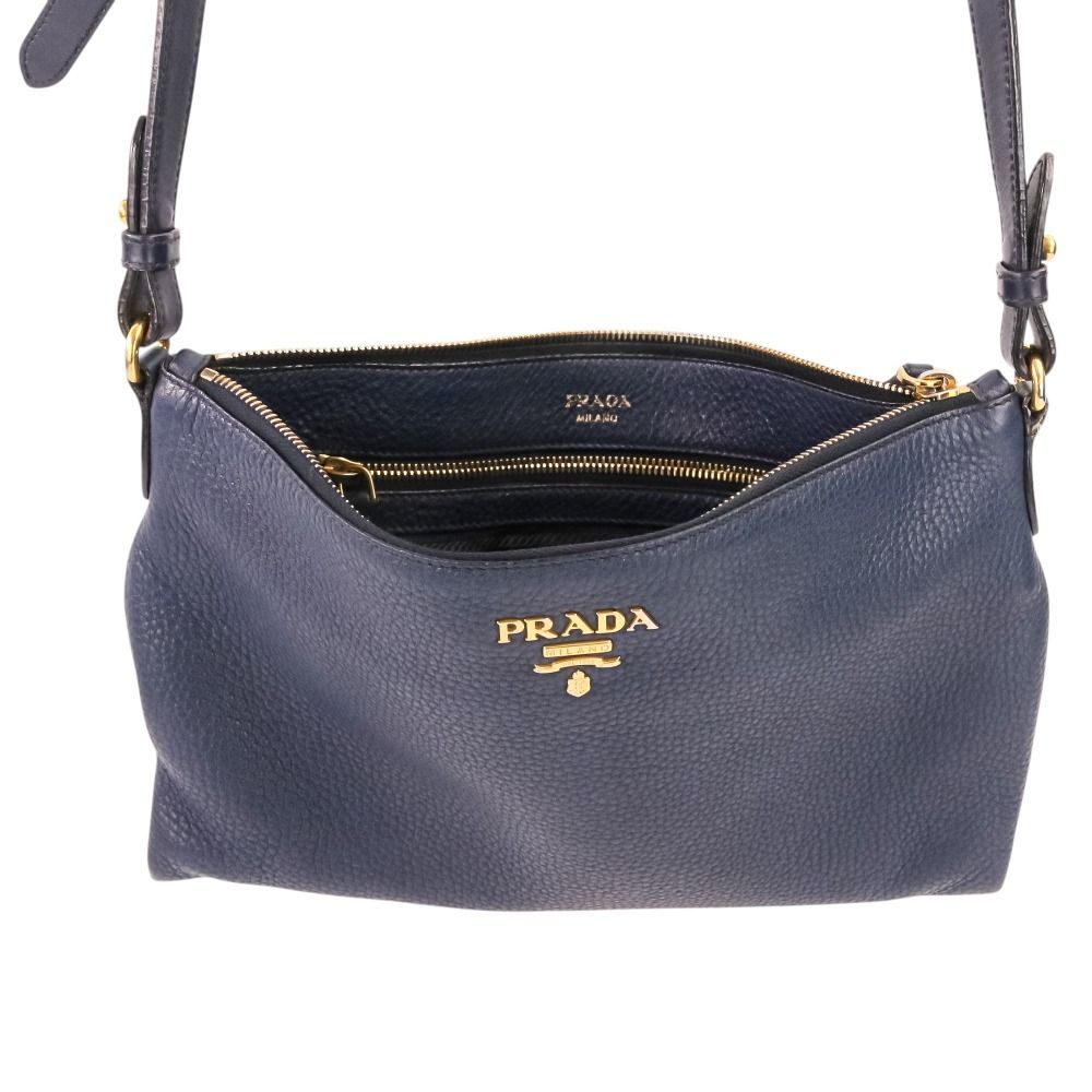 Prada Vitello Daino Leather Shoulder Bag Striped Strap Included Navy