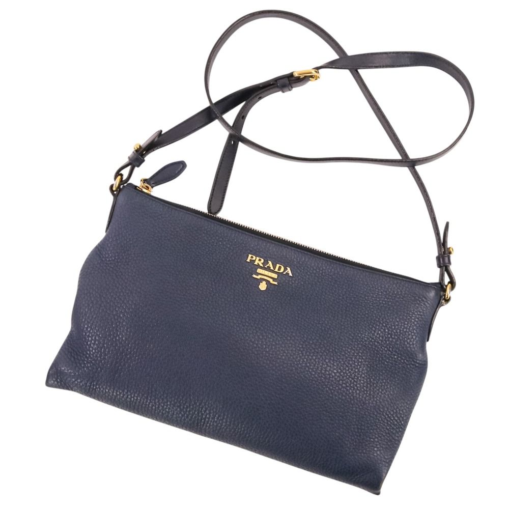 Prada Vitello Daino Leather Shoulder Bag Striped Strap Included Navy