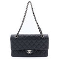 Chanel Quilted 25 Double Flap Chain Shoulder Bag Caviar Leather Black
