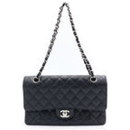 Chanel Quilted 25 Double Flap Chain Shoulder Bag Caviar Leather Black