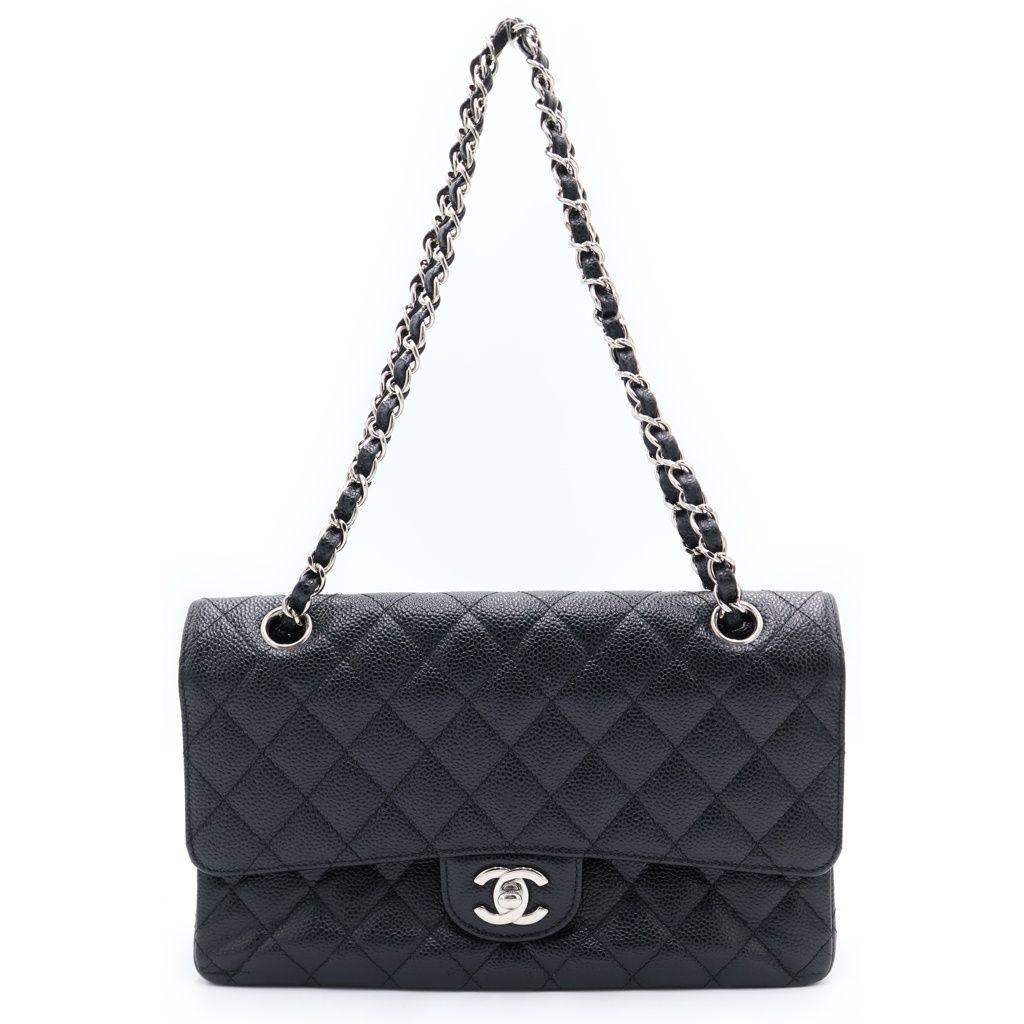 Chanel Quilted 25 Double Flap Chain Shoulder Bag Caviar Leather Black
