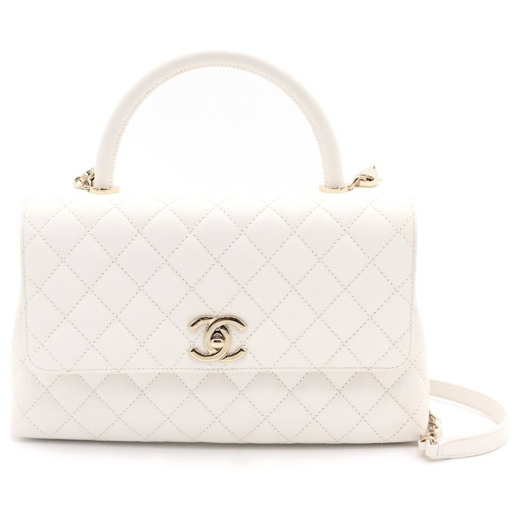 Chanel Quilted Coco Handle 29 Shoulder Bag Caviar Leather Chain Gold White Plate