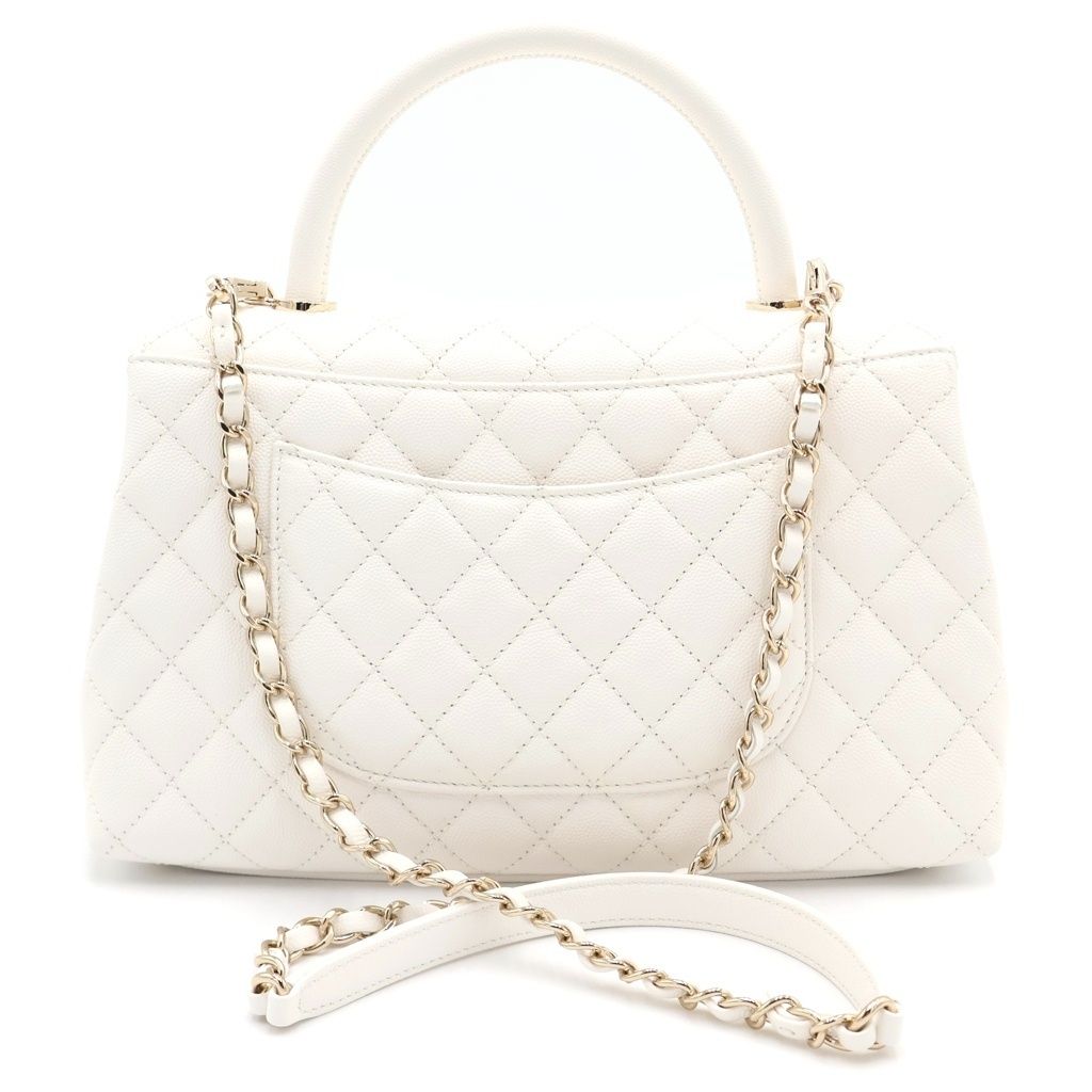 Chanel Quilted Coco Handle 29 Shoulder Bag Caviar Leather Chain Gold White Plate