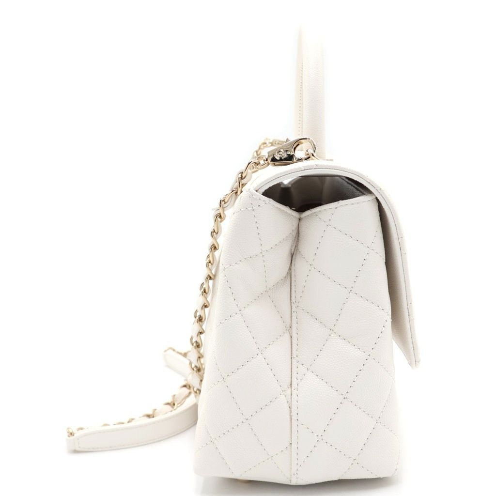 Chanel Quilted Coco Handle 29 Shoulder Bag Caviar Leather Chain Gold White Plate