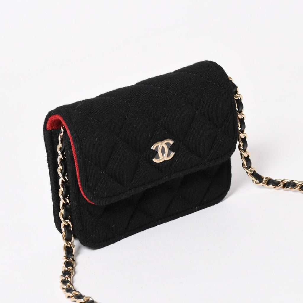 Chanel Mini Quilted Chain Shoulder Bag CC Logo Stand Black Gold Cotton — view 3