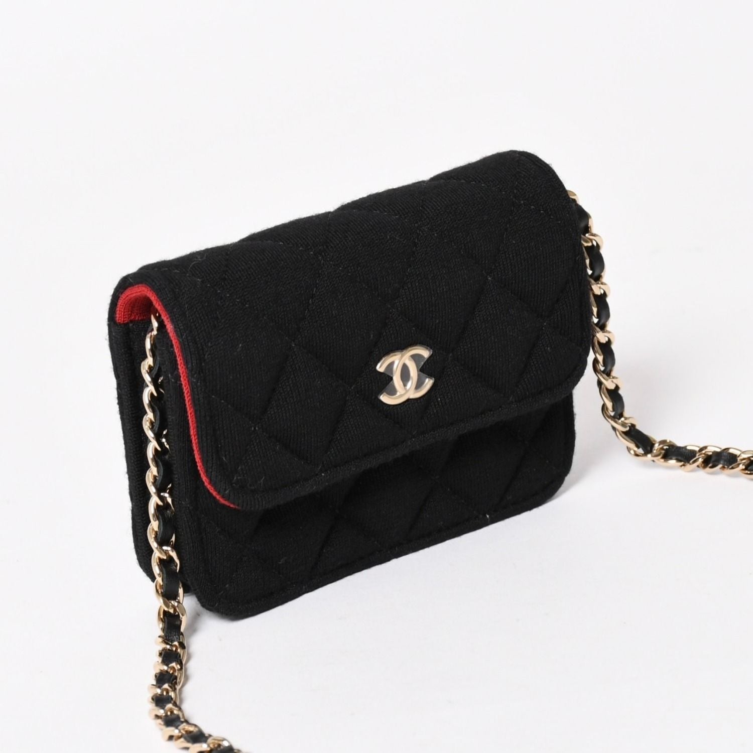Chanel Mini Quilted Chain Shoulder Bag CC Logo Stand Black Gold Cotton — view 3