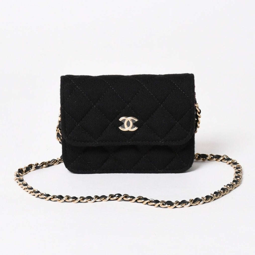 Chanel Mini Quilted Chain Shoulder Bag CC Logo Stand Black Gold Cotton