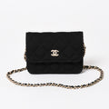 Chanel Mini Quilted Chain Shoulder Bag CC Logo Stand Black Gold Cotton