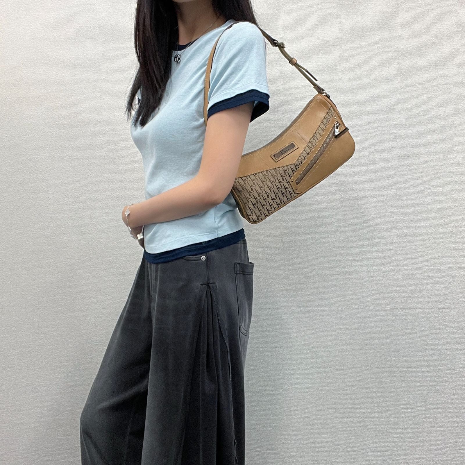 Dior Trotter Logo Plate Shoulder Bag Canvas Leather Beige Vintage