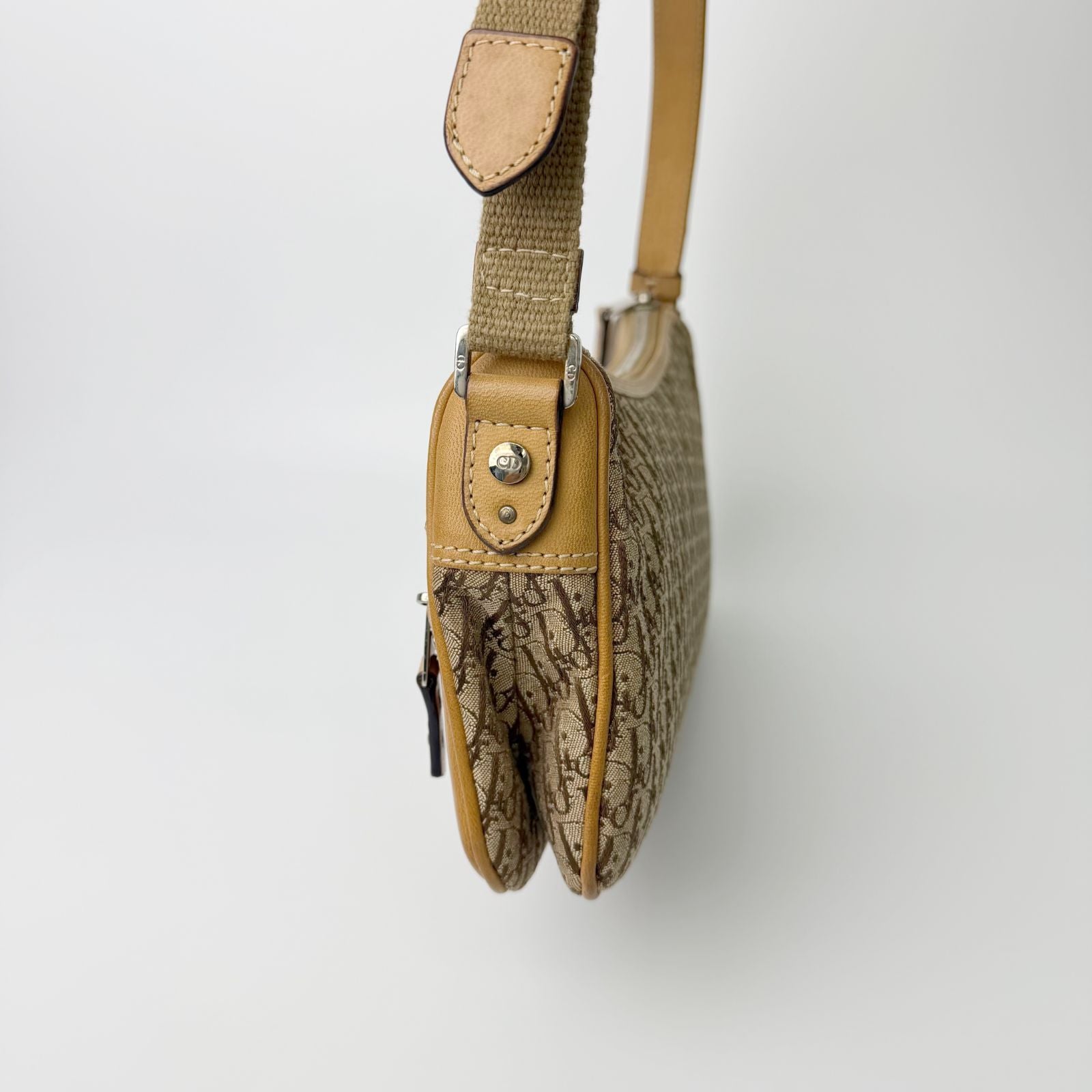 Dior Trotter Logo Plate Shoulder Bag Canvas Leather Beige Vintage