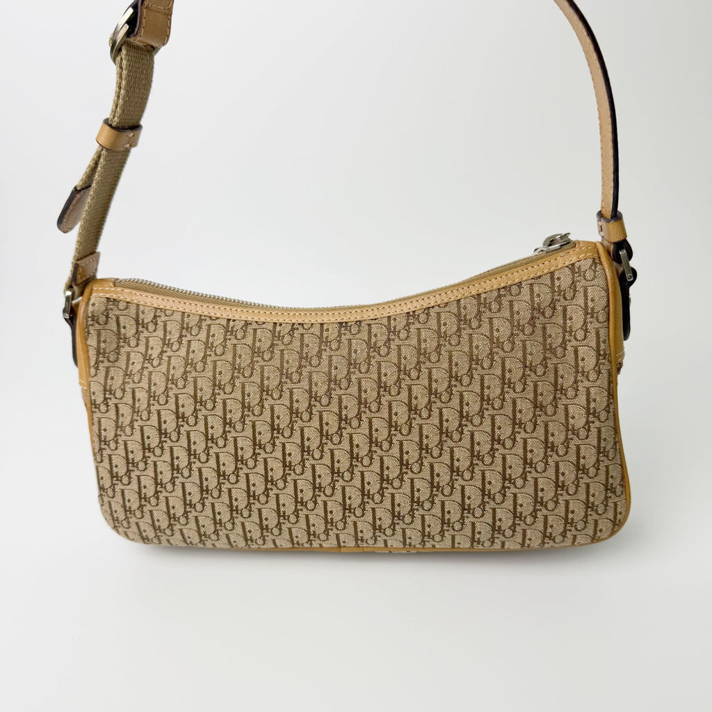 Dior Trotter Logo Plate Shoulder Bag Canvas Leather Beige Vintage