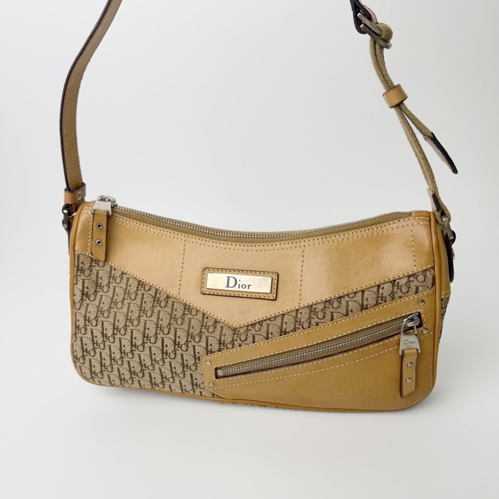 Dior Trotter Logo Plate Shoulder Bag Canvas Leather Beige Vintage