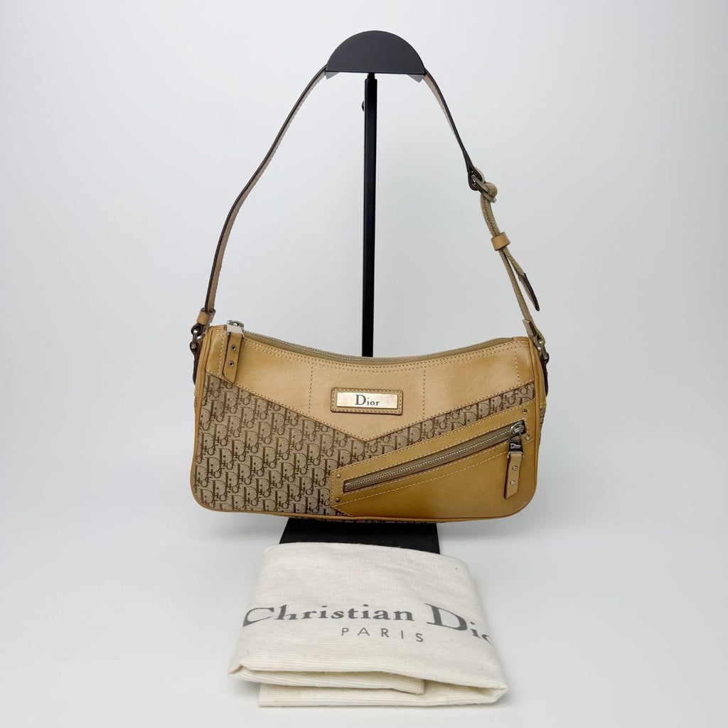 Dior Trotter Logo Plate Shoulder Bag Canvas Leather Beige Vintage
