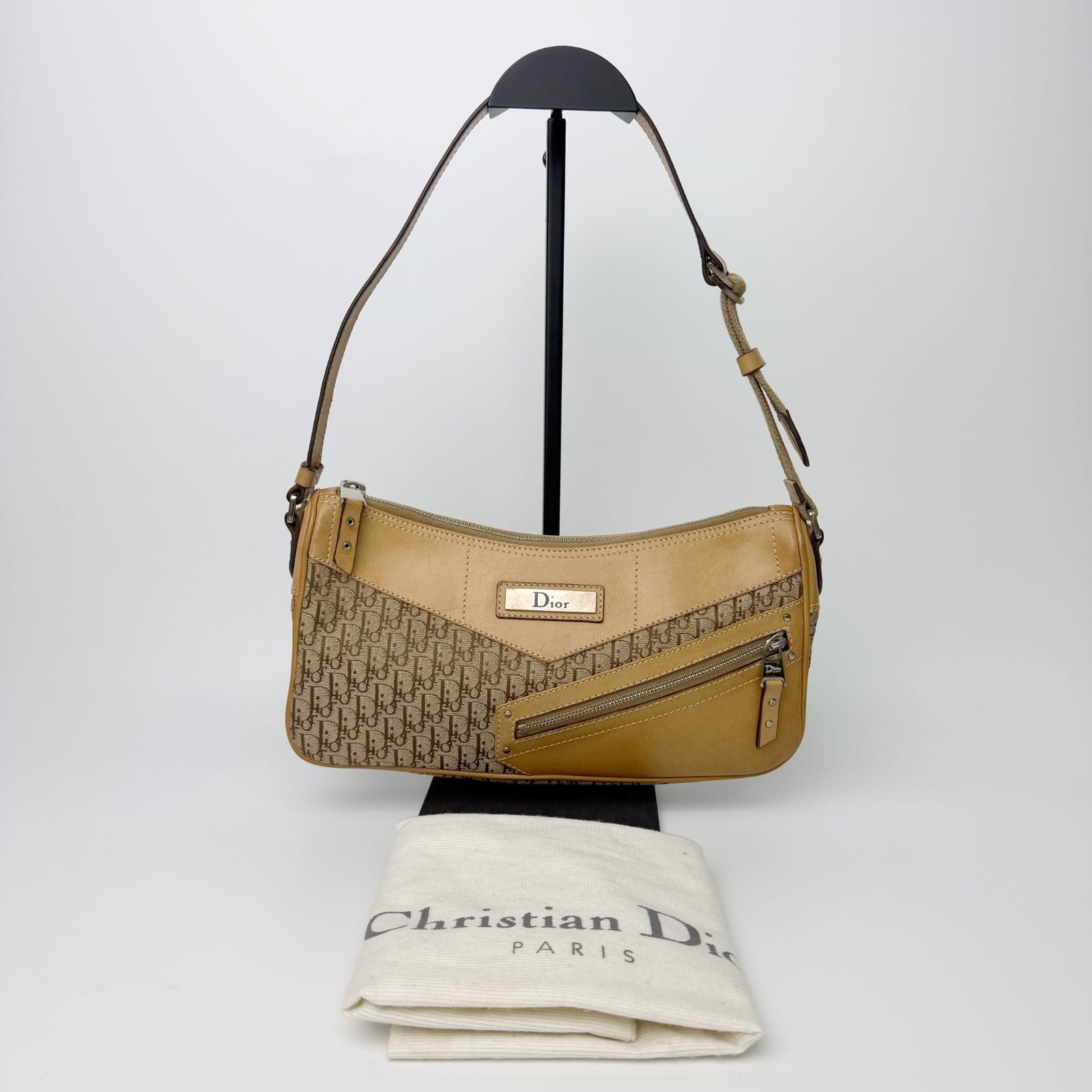 Dior Trotter Logo Plate Shoulder Bag Canvas Leather Beige Vintage