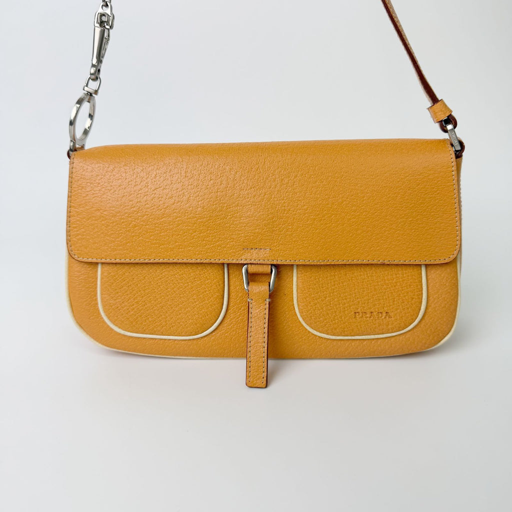 Prada Logo Chain Shoulder Bag Leather Beige Silver Vintage