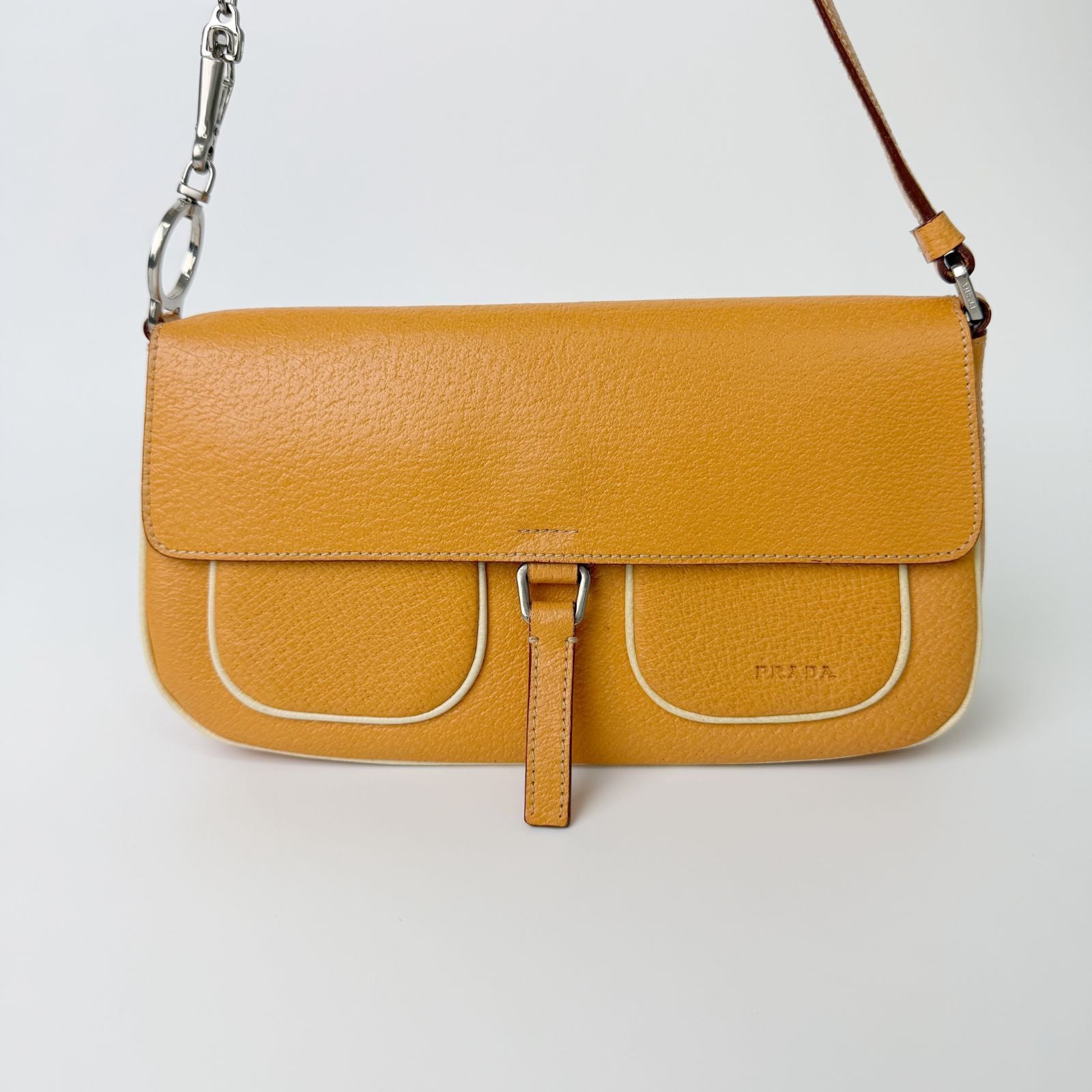 Prada Logo Chain Shoulder Bag Leather Beige Silver Vintage