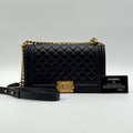 Chanel Shoulder Bag Boy CC Logo Gold Black Quilted Leather Chain