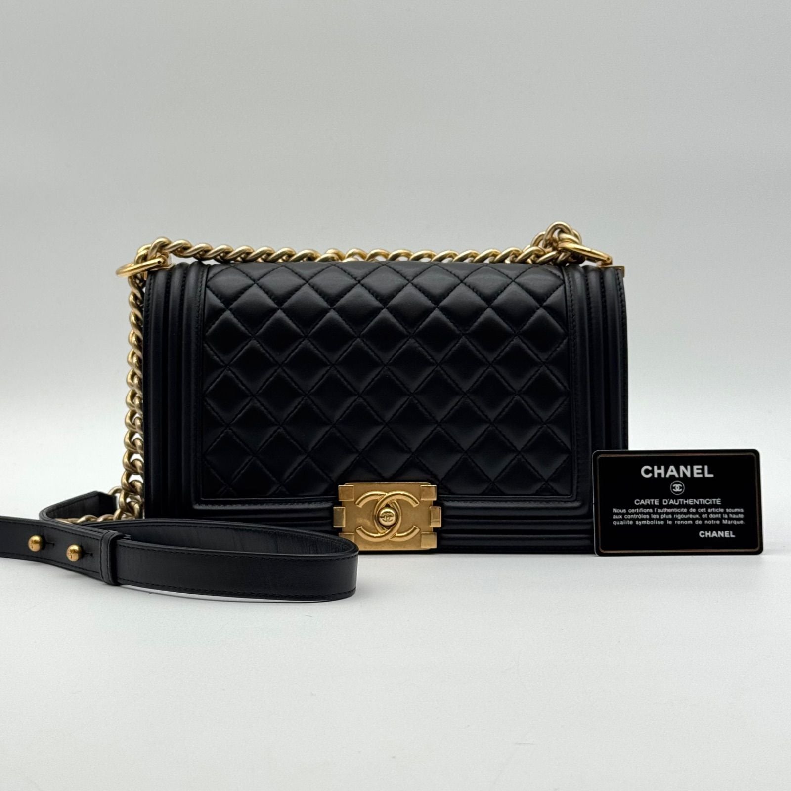 Chanel Shoulder Bag Boy CC Logo Gold Black Quilted Leather Chain