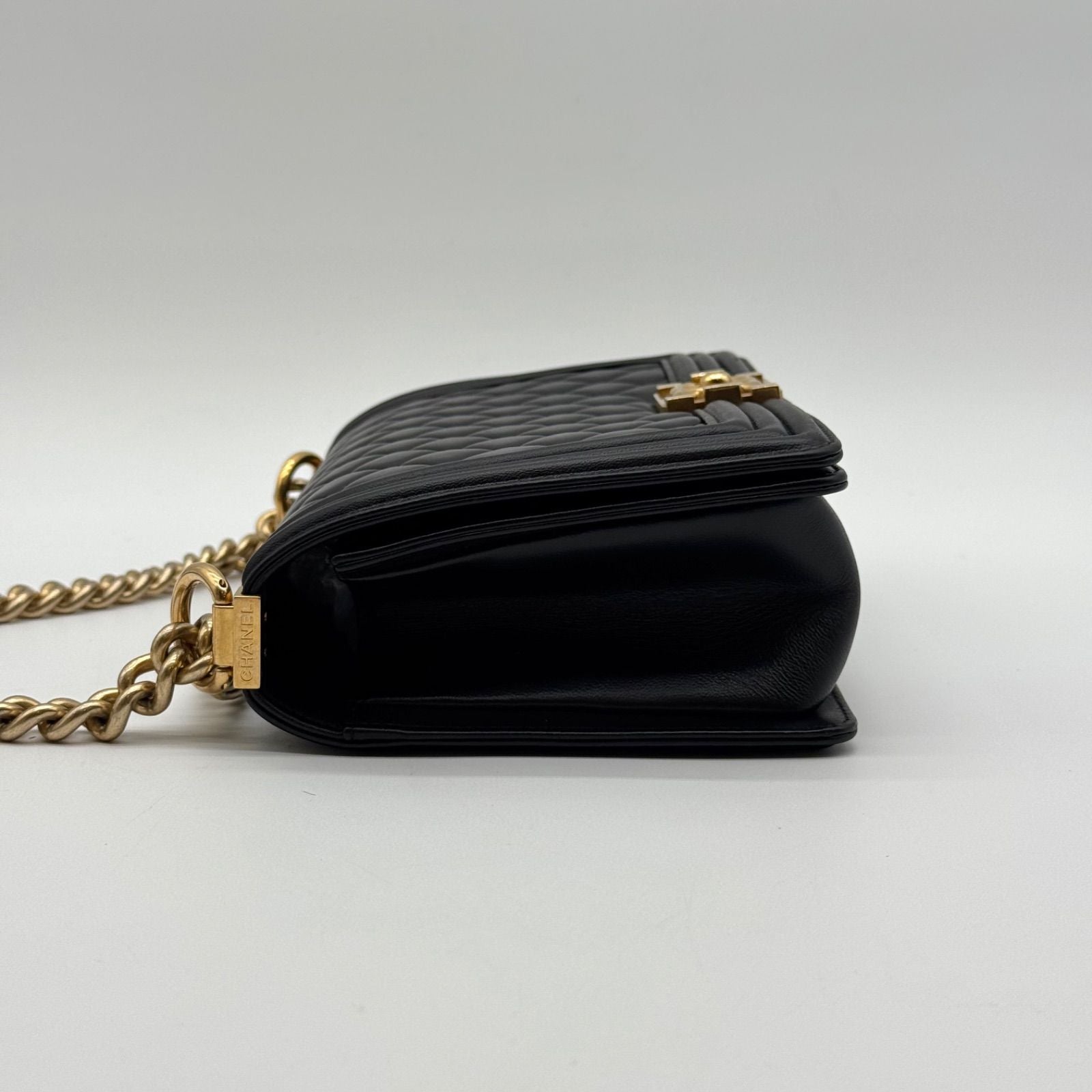 Chanel Shoulder Bag Boy CC Logo Gold Black Quilted Leather Chain — view 4