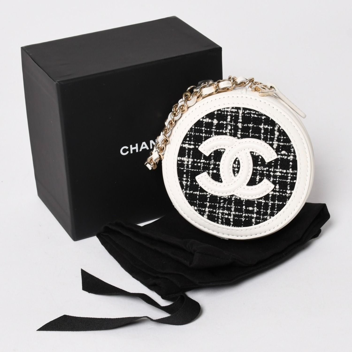 Chanel Round Chain Pouch CC Logo Stand Black White Tweed Leather Silver