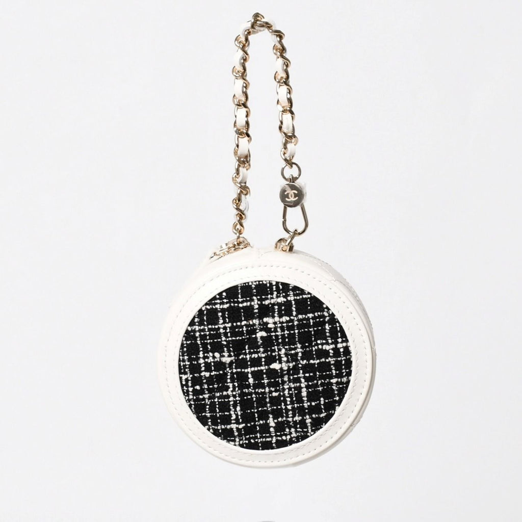 Chanel Round Chain Pouch CC Logo Stand Black White Tweed Leather Silver — view 3