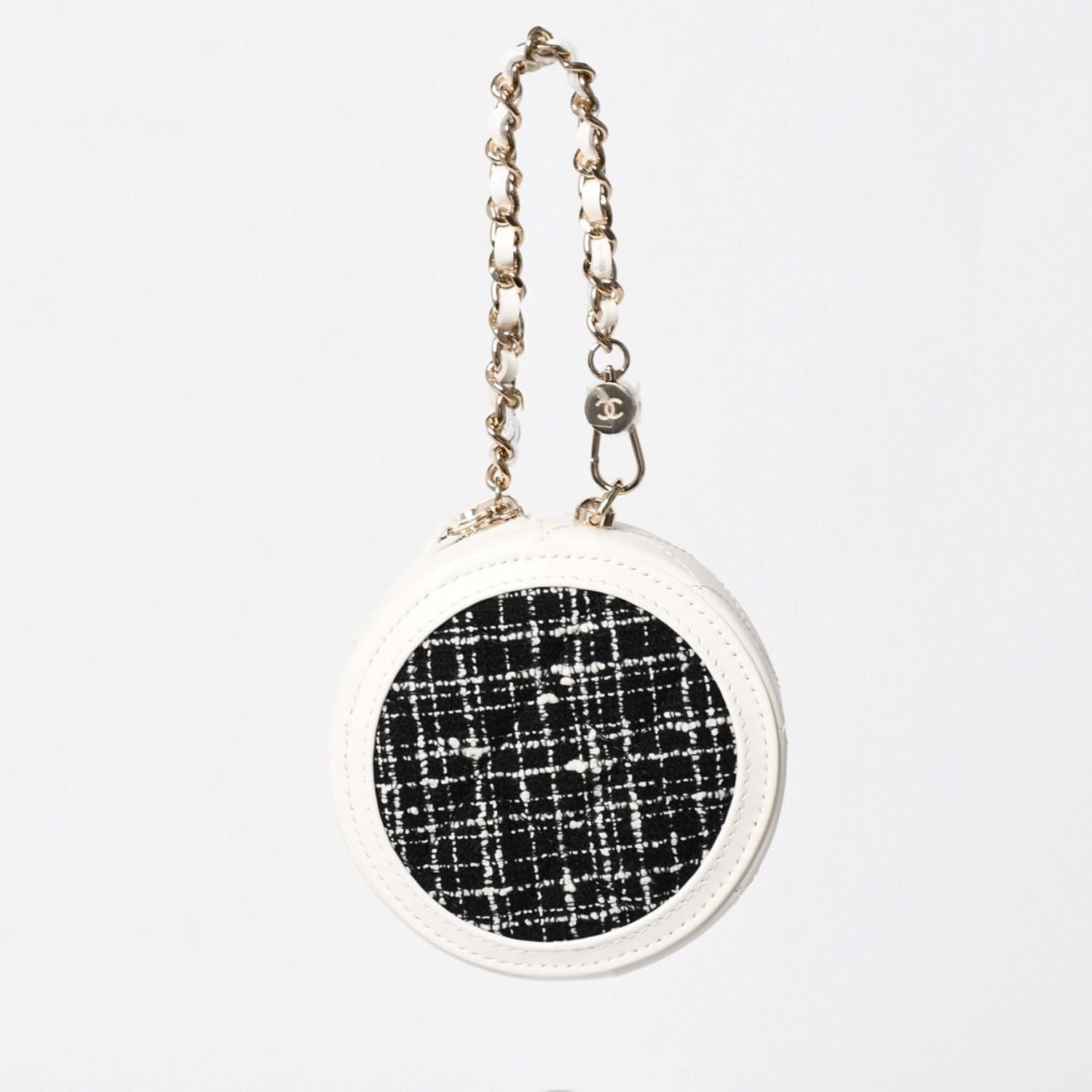 Chanel Round Chain Pouch CC Logo Stand Black White Tweed Leather Silver — view 3