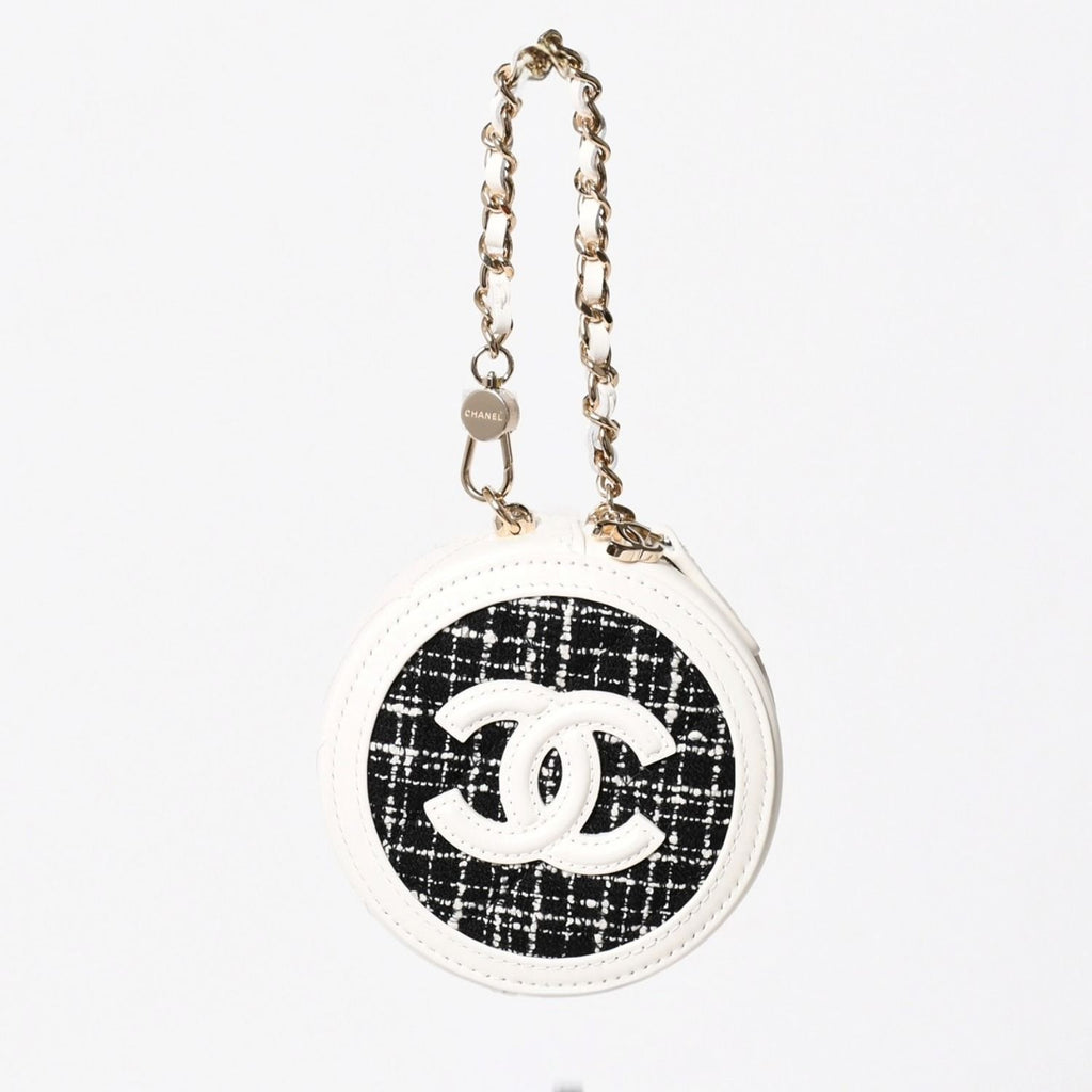 Chanel Round Chain Pouch CC Logo Stand Black White Tweed Leather Silver — view 2