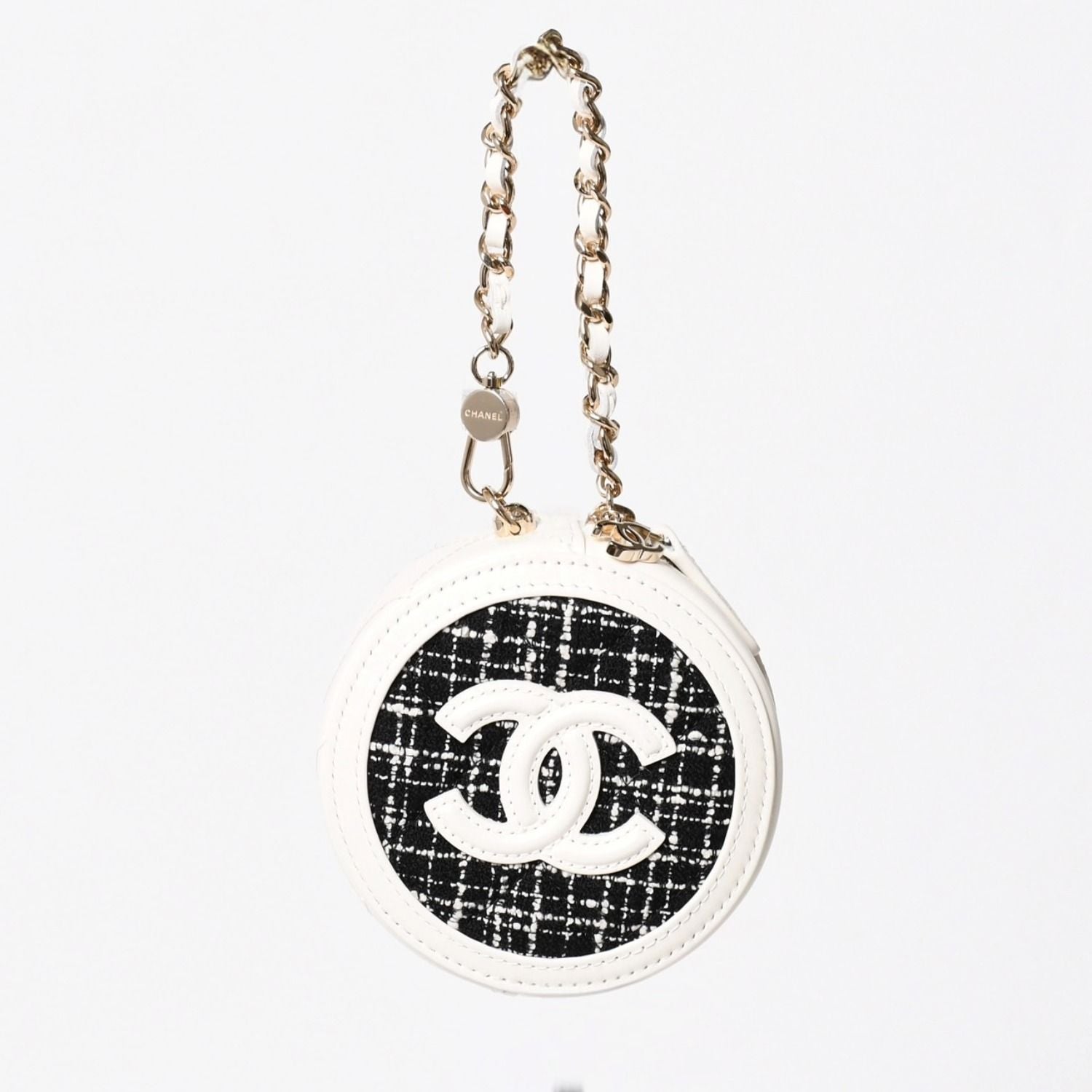 Chanel Round Chain Pouch CC Logo Stand Black White Tweed Leather Silver — view 2