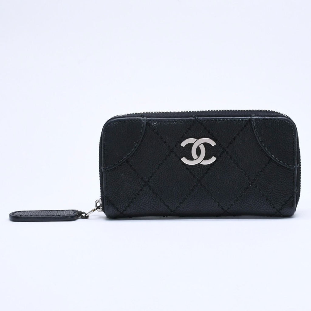 Chanel Leather Wallet Card Case CC Logo Wild Stitch Caviar Black Silver