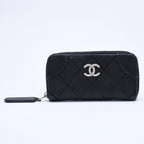 Chanel Leather Wallet Card Case CC Logo Wild Stitch Caviar Black Silver