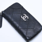 Chanel Leather Wallet Card Case CC Logo Wild Stitch Caviar Black Silver — view 3