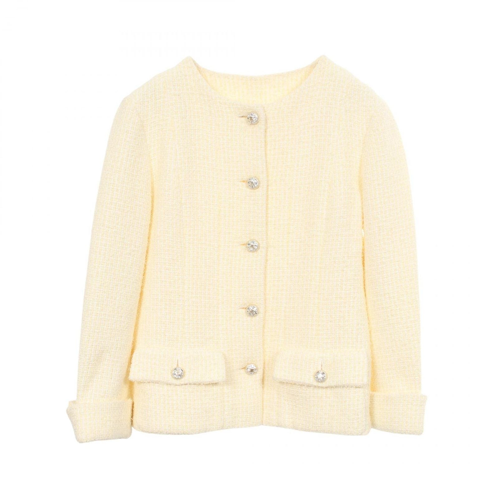 Chanel Collarless Jacket CC Logo Bijou Button Tweed