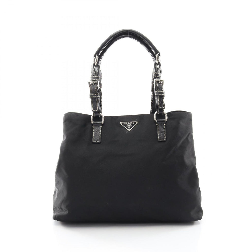 Prada Tote Bag Triangle Logo Black Nylon Saffiano Leather