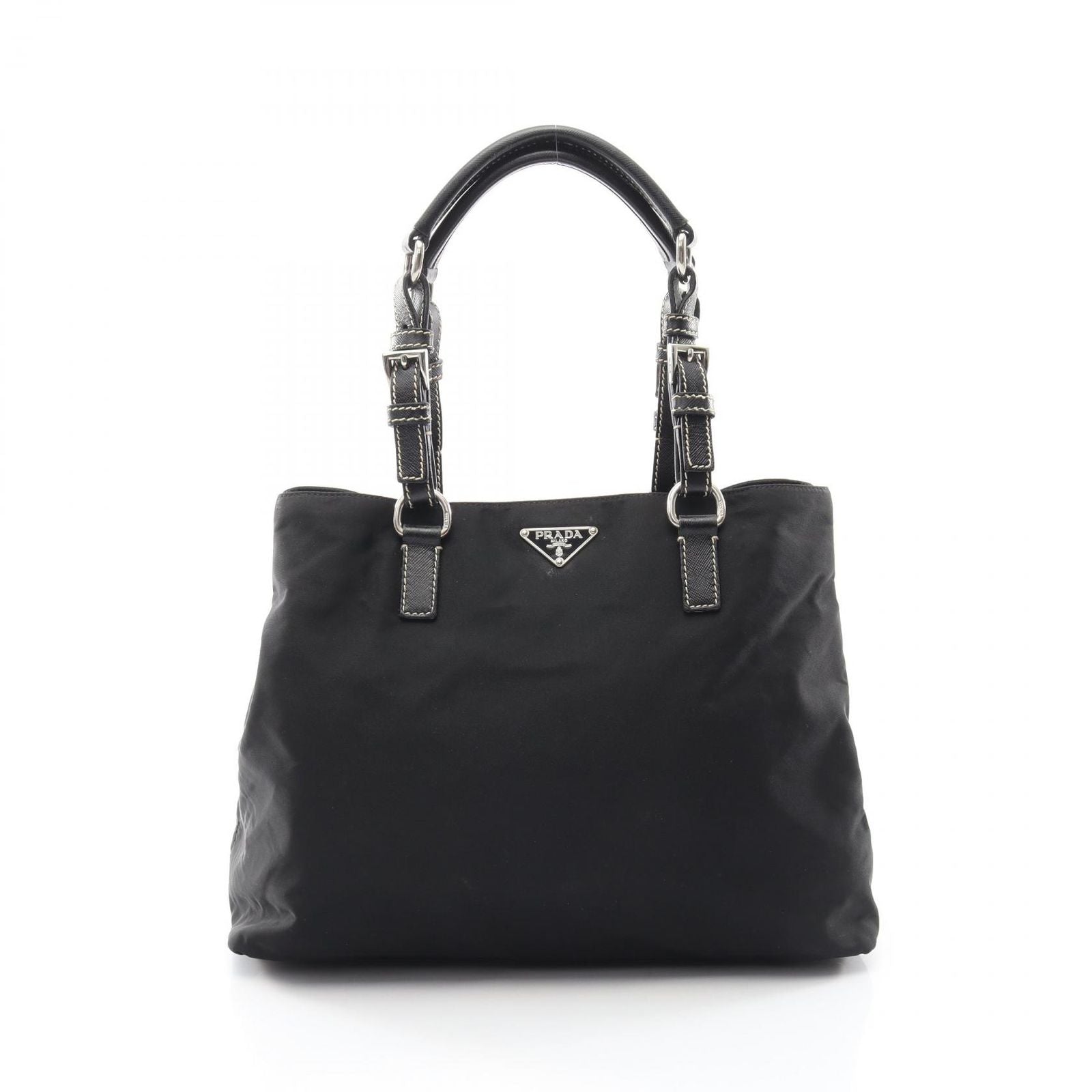 Prada Tote Bag Triangle Logo Black Nylon Saffiano Leather