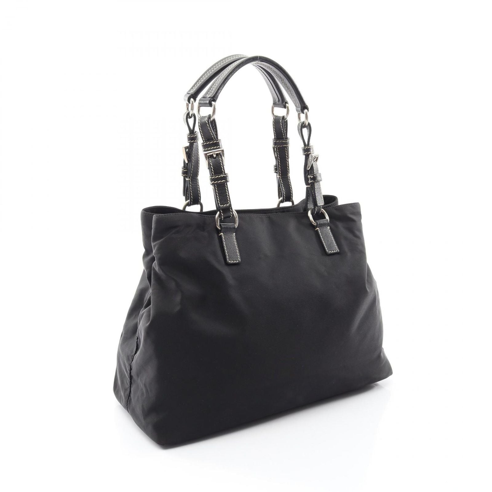 Prada Tote Bag Triangle Logo Black Nylon Saffiano Leather