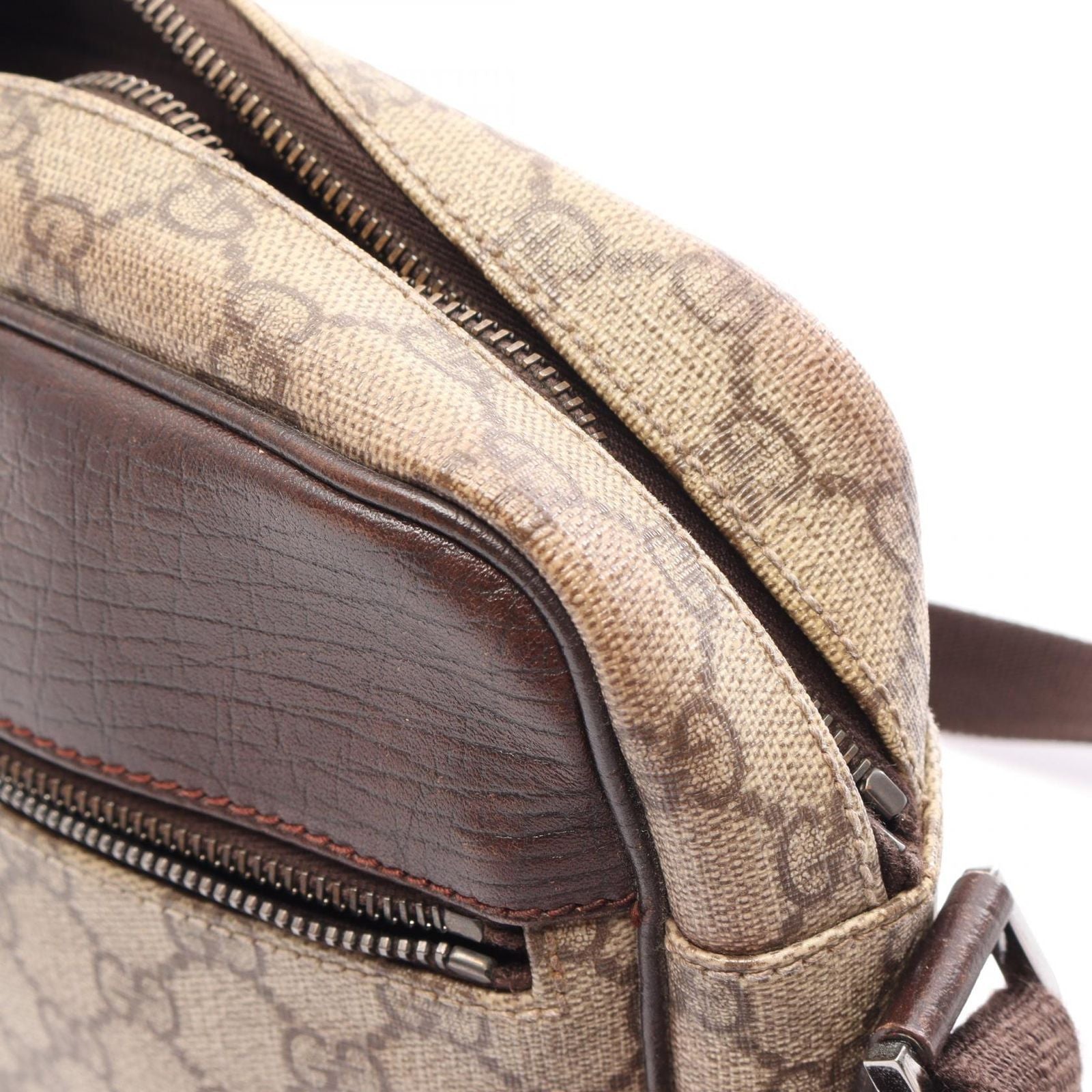 Gucci Shoulder Bag GG Plus Beige Brown Co Ting Canvas Leather Split