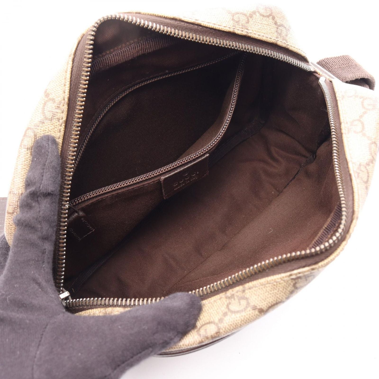 Gucci Shoulder Bag GG Plus Beige Brown Co Ting Canvas Leather Split