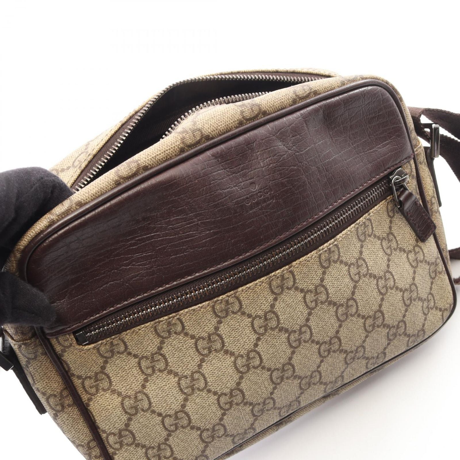 Gucci Shoulder Bag GG Plus Beige Brown Co Ting Canvas Leather Split
