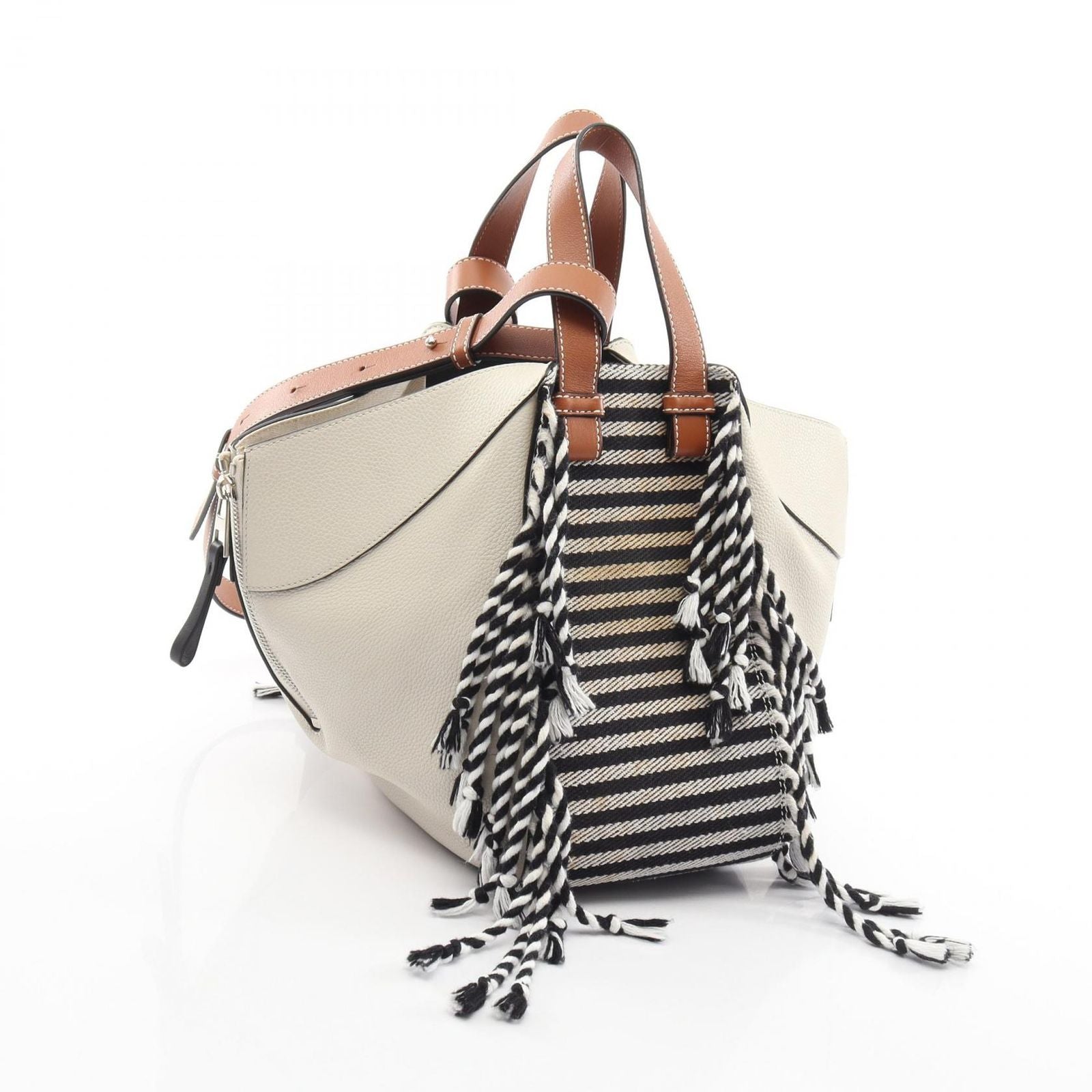 Loewe Handbag Hammock Small Fringe Border 2-Way White Black Leather Canvas
