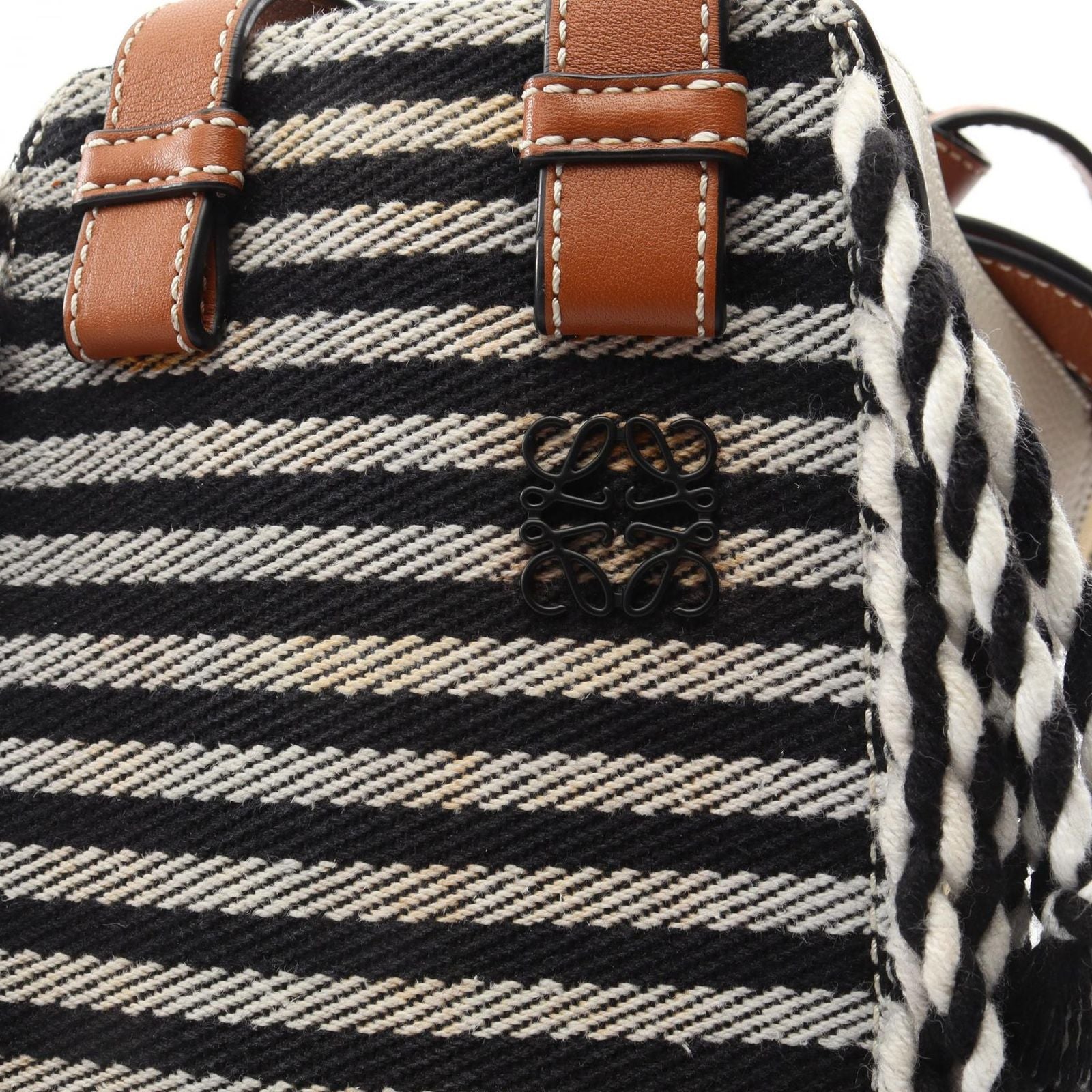 Loewe Handbag Hammock Small Fringe Border 2-Way White Black Leather Canvas