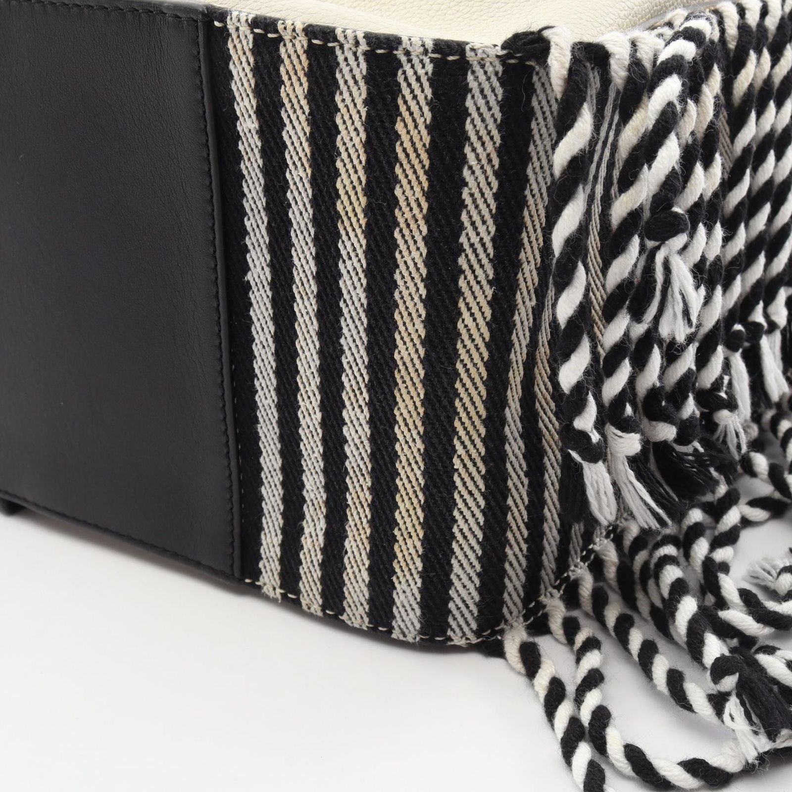 Loewe Handbag Hammock Small Fringe Border 2-Way White Black Leather Canvas