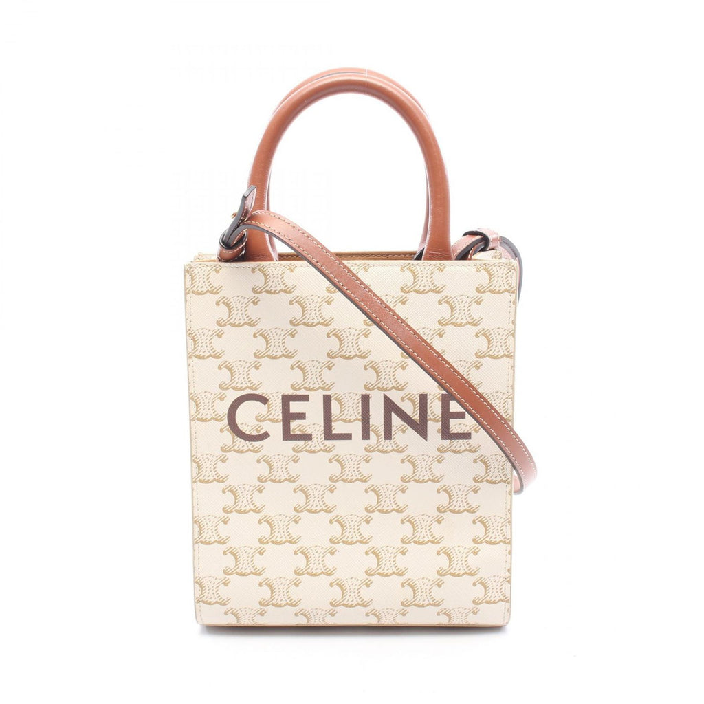 Celine Handbag Mini Vertical Cover Triomphe 2-Way Ivory Brown Canvas Leather