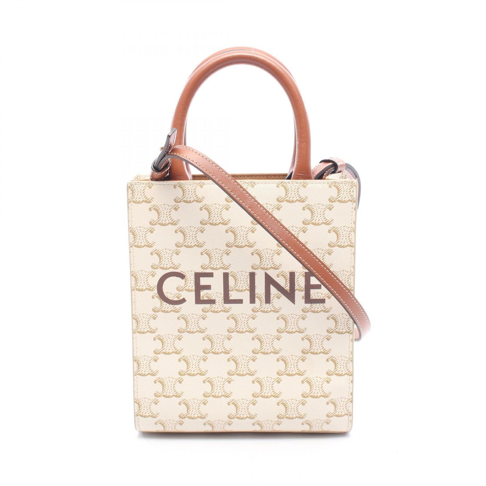 Celine Handbag Mini Vertical Cover Triomphe 2-Way Ivory Brown Canvas Leather