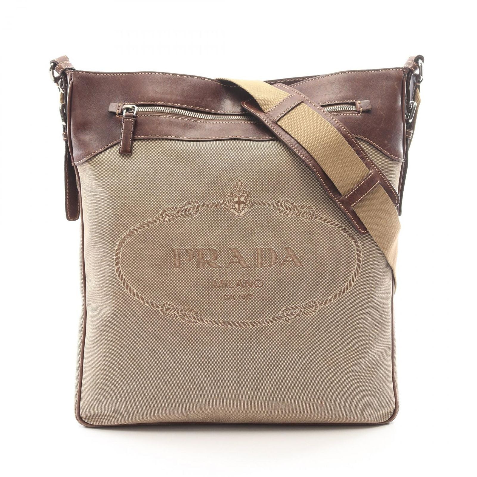 Prada Shoulder Bag Logo Jacquard Beige Brown Canvas Leather