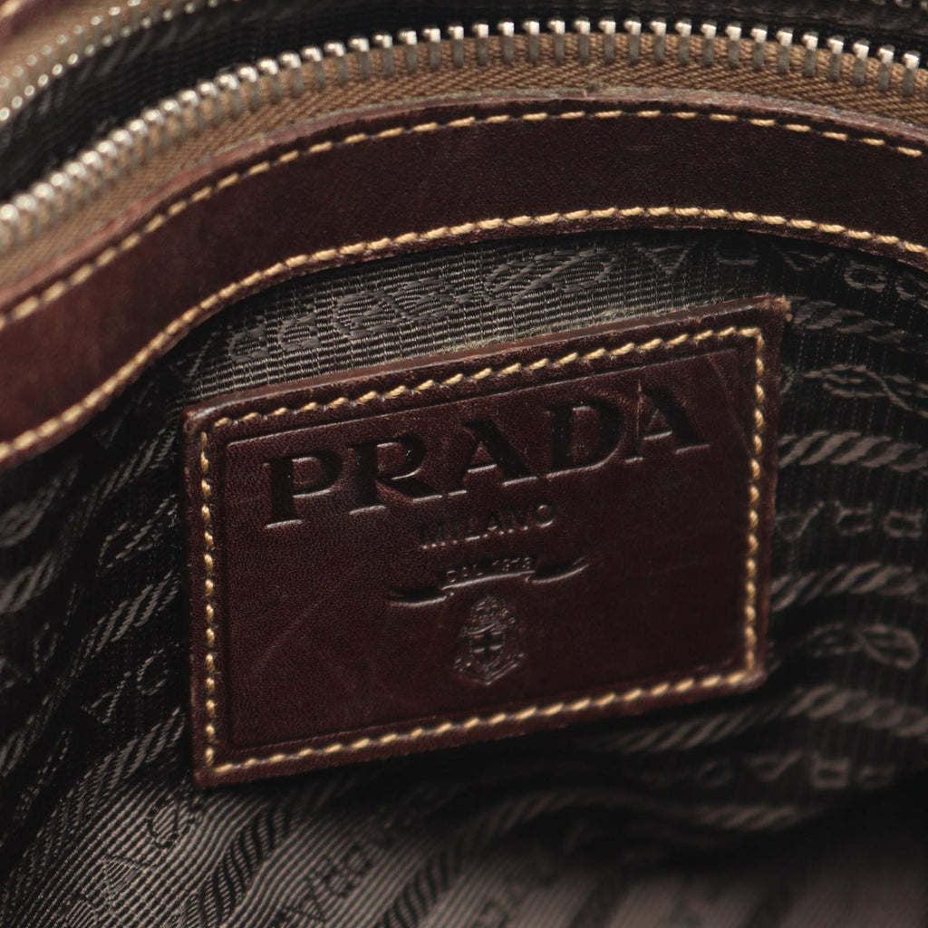 Prada Shoulder Bag Logo Jacquard Beige Brown Canvas Leather