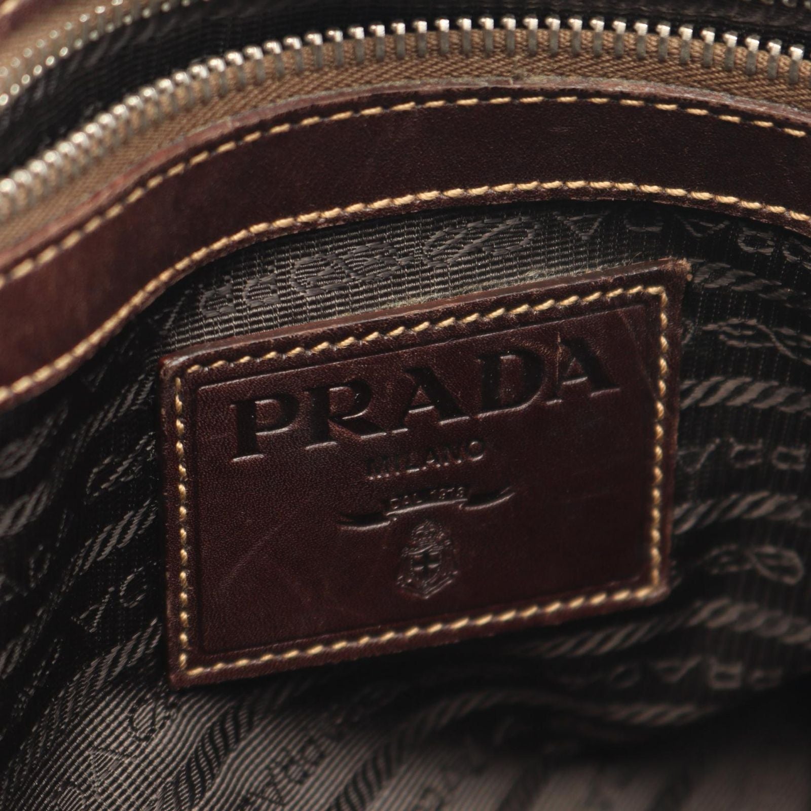 Prada Shoulder Bag Logo Jacquard Beige Brown Canvas Leather