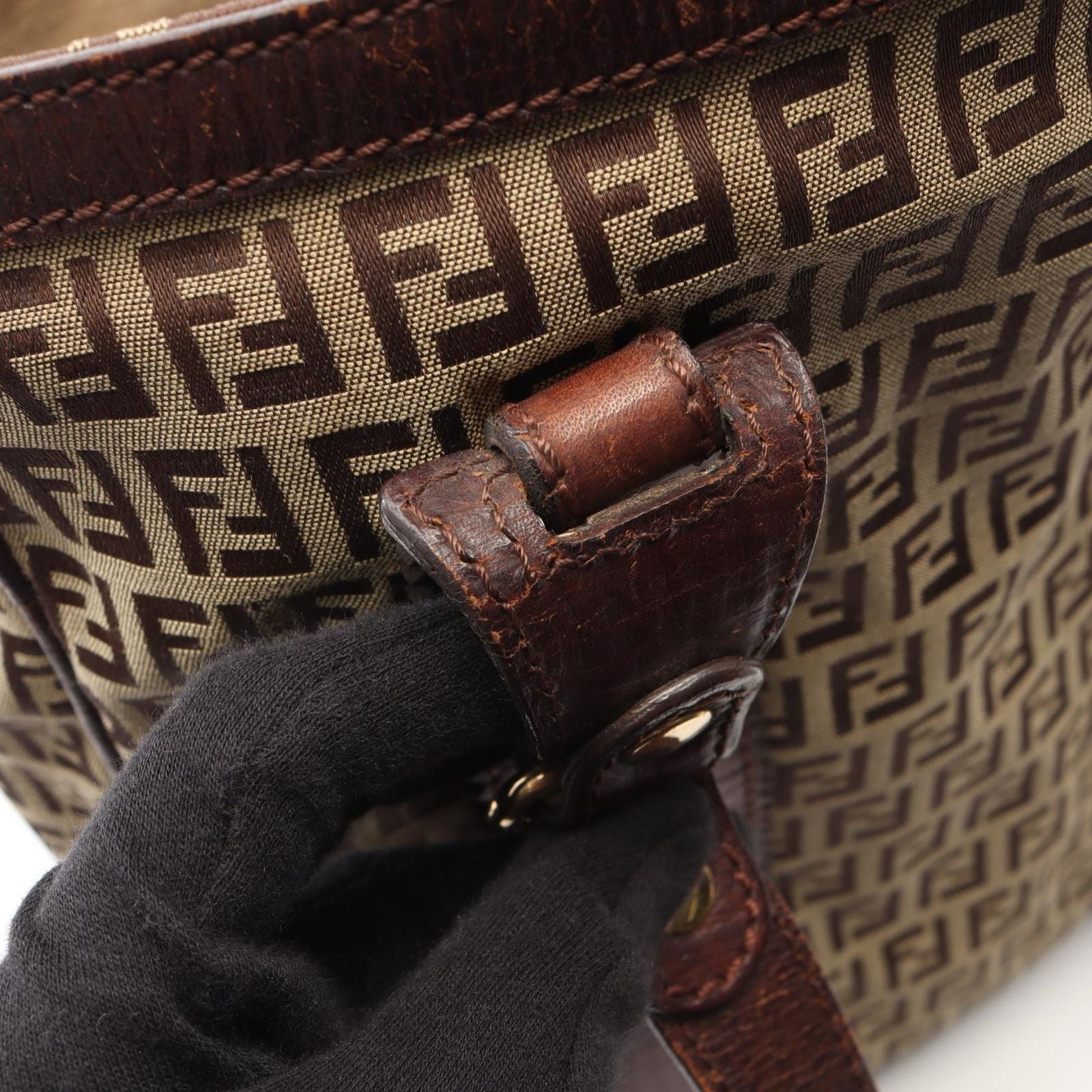 Fendi Tote Bag Zucchino Beige Brown Canvas Leather