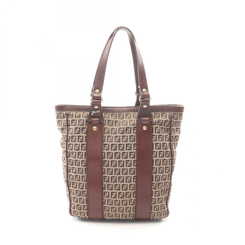 Fendi Tote Bag Zucchino Beige Brown Canvas Leather